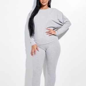 Grey Ribbed Long Sleeve Top + Legging Lounge Set